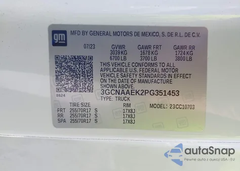 2023 Chevrolet Silverado 1500 2Wd Standard Bed Wt z USA, uszkodzony, nr VIN 3GCNAAEK2PG351453